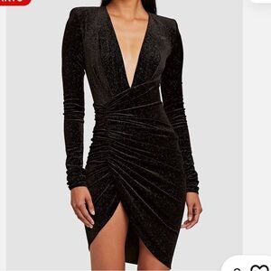 Alexandre Vauthier Black Glitter Velvet Deep V-Neck Gathered Mini Dress Size 38